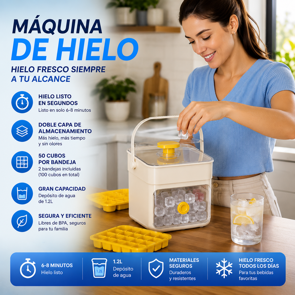 ✨🧊 Máquina de hielo portátil | Con tapa y recipiente para almacenar hielo (hace 50 cubitos de hielo a la vez)