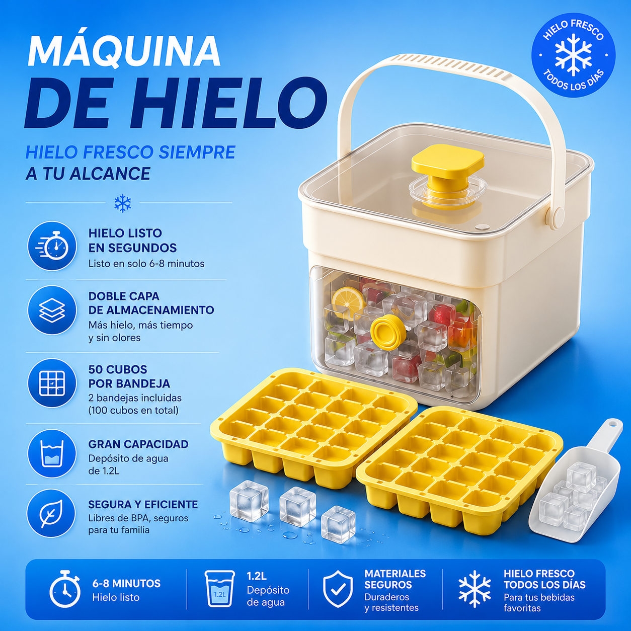 ✨🧊 Máquina de hielo portátil | Con tapa y recipiente para almacenar hielo (hace 50 cubitos de hielo a la vez)