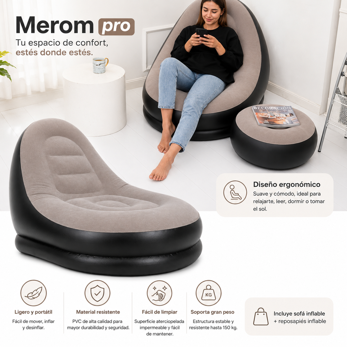 Sofá Inflable Merom Pro — Más comodidad, más relax, en cualquier lugar. 🌟