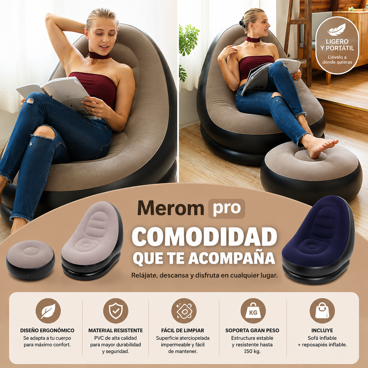 Sofá Inflable Merom Pro — Más comodidad, más relax, en cualquier lugar. 🌟