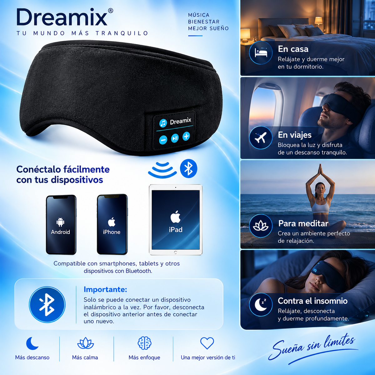 🌙 Dreamix – El antifaz que te ayuda a dormir mejor y por más tiempo. Di adiós a las noches sin descanso. 🌙