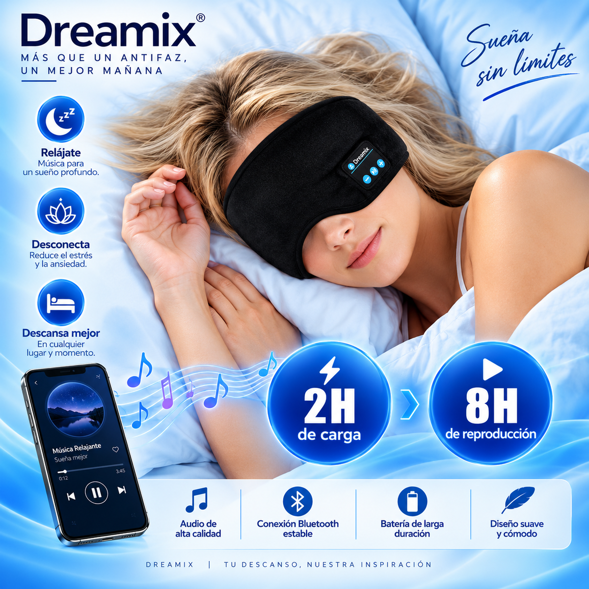 🌙 Dreamix – El antifaz que te ayuda a dormir mejor y por más tiempo. Di adiós a las noches sin descanso. 🌙