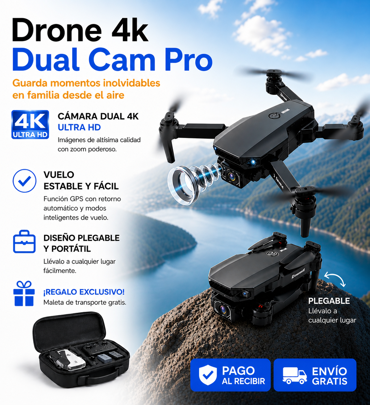 Drone 4K Dual Cam Pro - Guarda momentos inolvidables en familia desde el aire